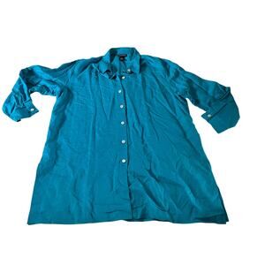 Dialogue Teal Linen Blend Button Down Tunic Shirt Plus Size 1X